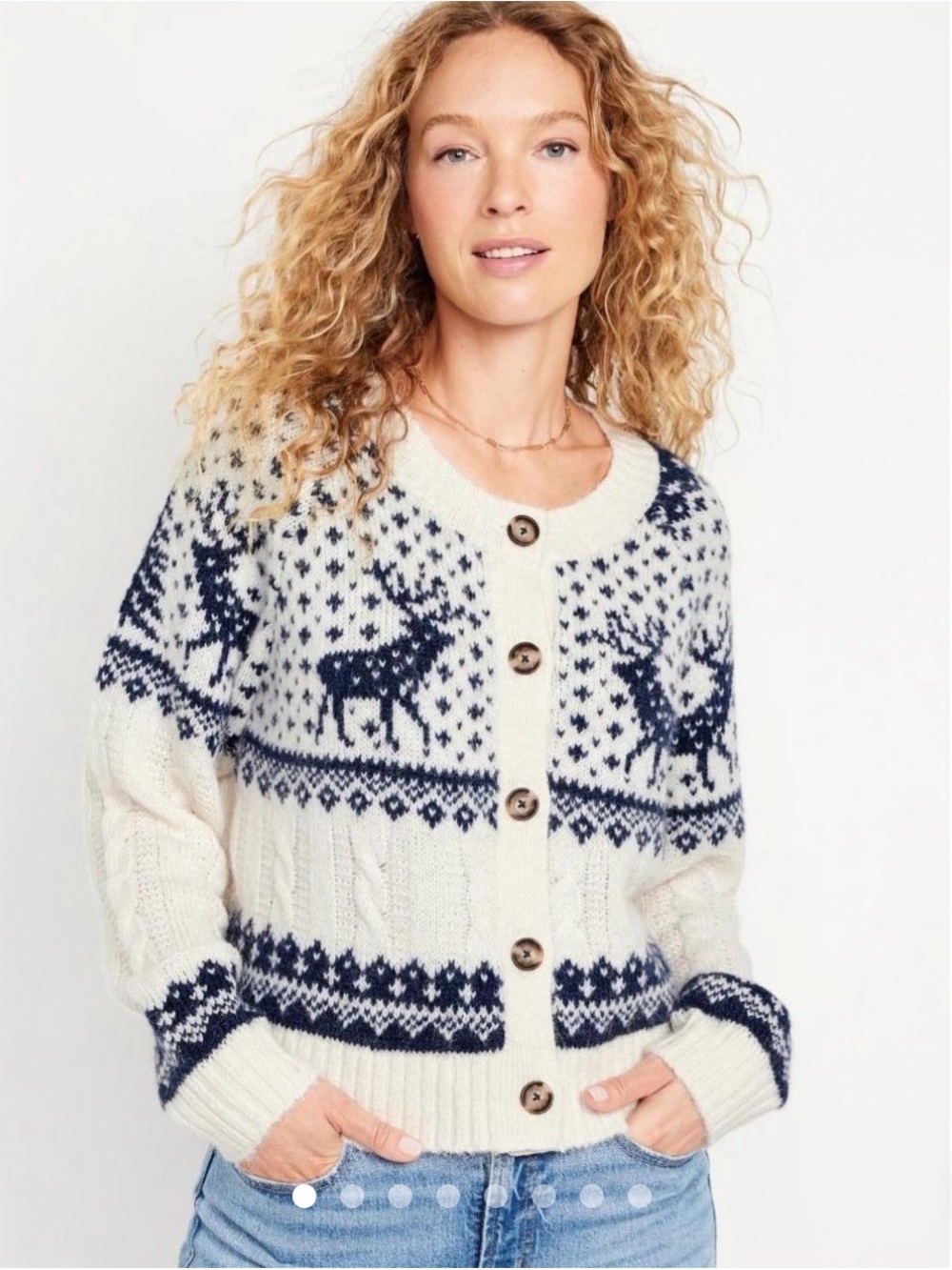 Old Navy Fair Isle Reindeer Button-Front Sweater Cardigan Cream/Navy Size M NWT